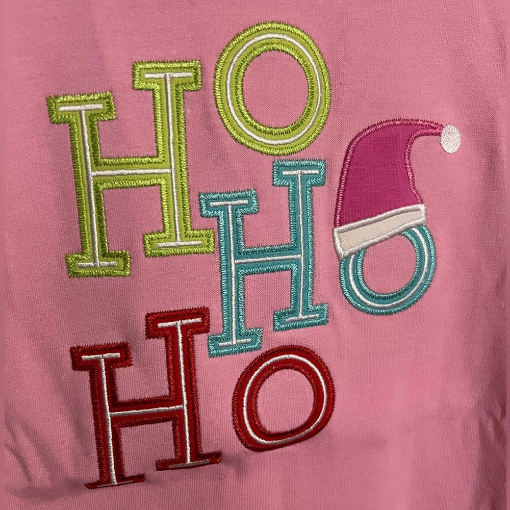 RICRAC & RUFFLES Classic Ho Ho Ho Embroidered Crewneck Pink Blue Green Wms Sz M - Picture 2 of 5